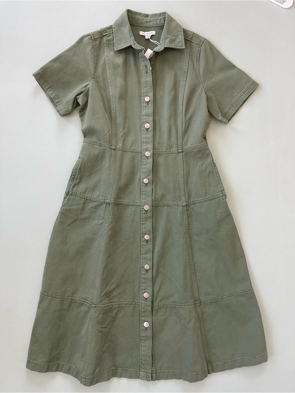 Short-Sleeve Olive Green Button-Front Midi Dress Sz M